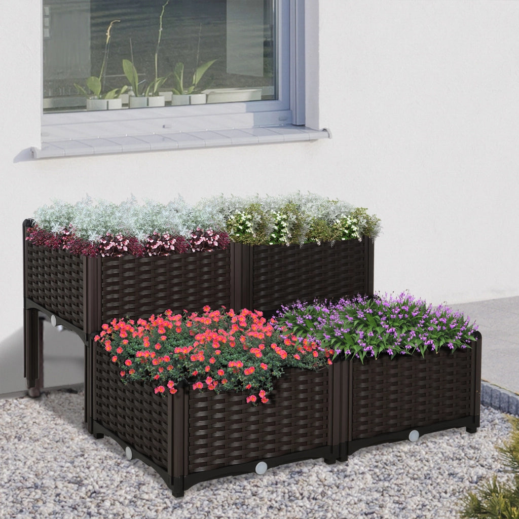 Set 4 Fioriere Quadrate da Giardino ¨C Xylo ¨C Effetto Rattan Marrone 40x40x26/44 cm