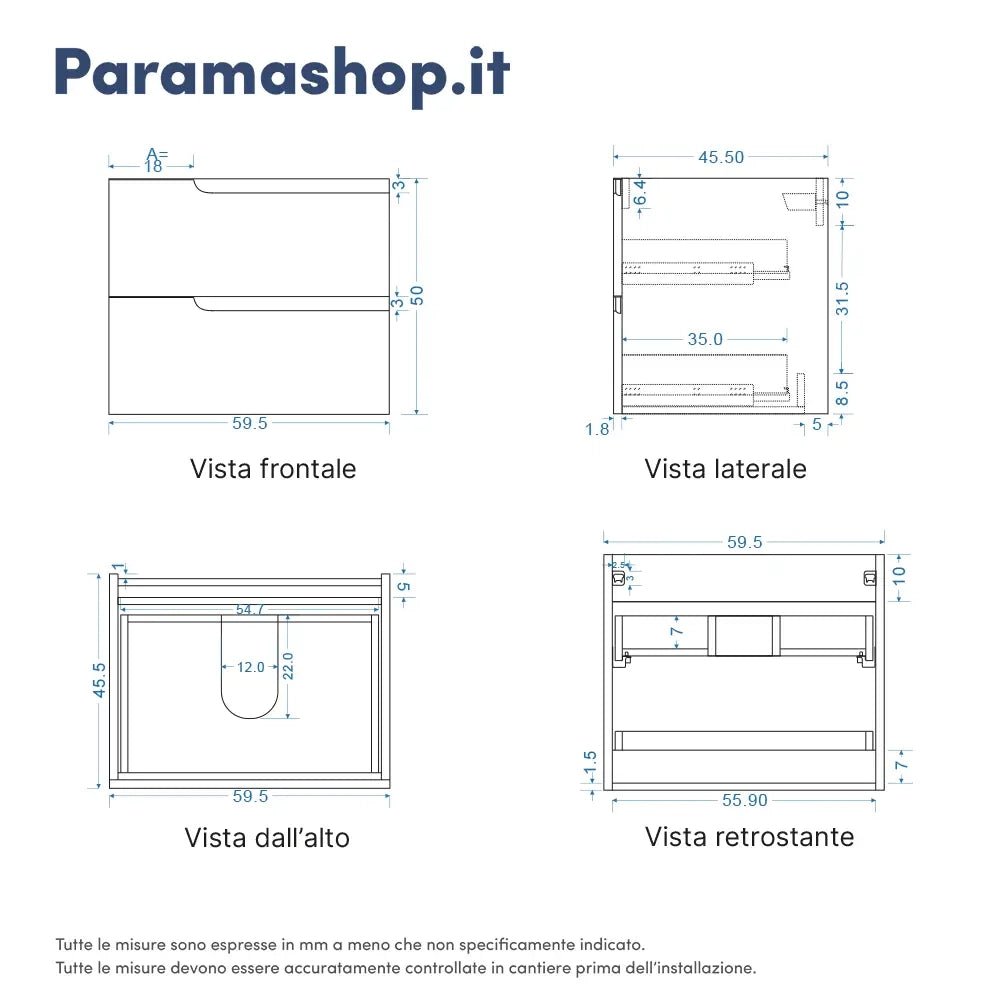 Mobile bagno sospeso 60 cm due cassetti color grigio opaco con top  | Moor