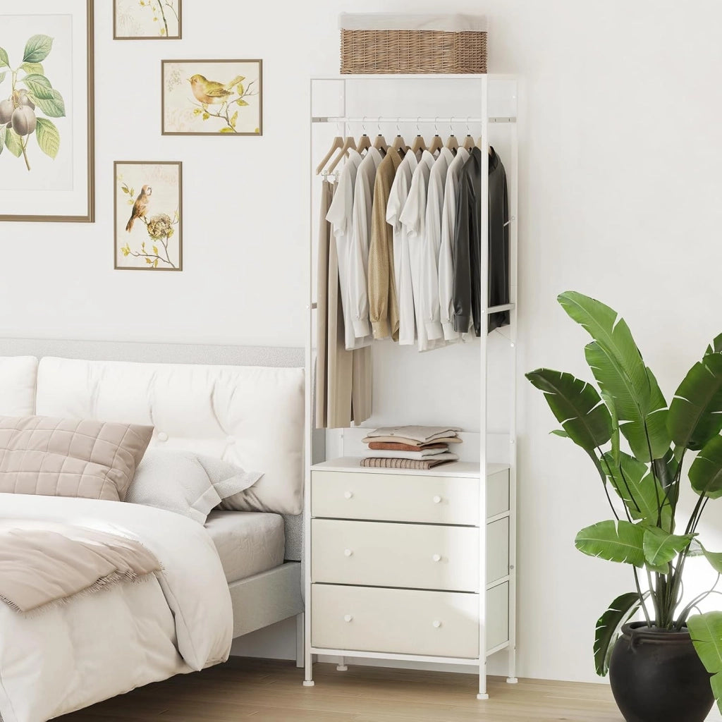 Appendiabiti con Cassetti in Tessuto, Armadio Autoportante con Asta Appendiabiti a 3 Posizioni e Ripiani di Stoccaggio, Ideale per Ingresso Camera da Letto, 55x28x176 cm (Bianco)