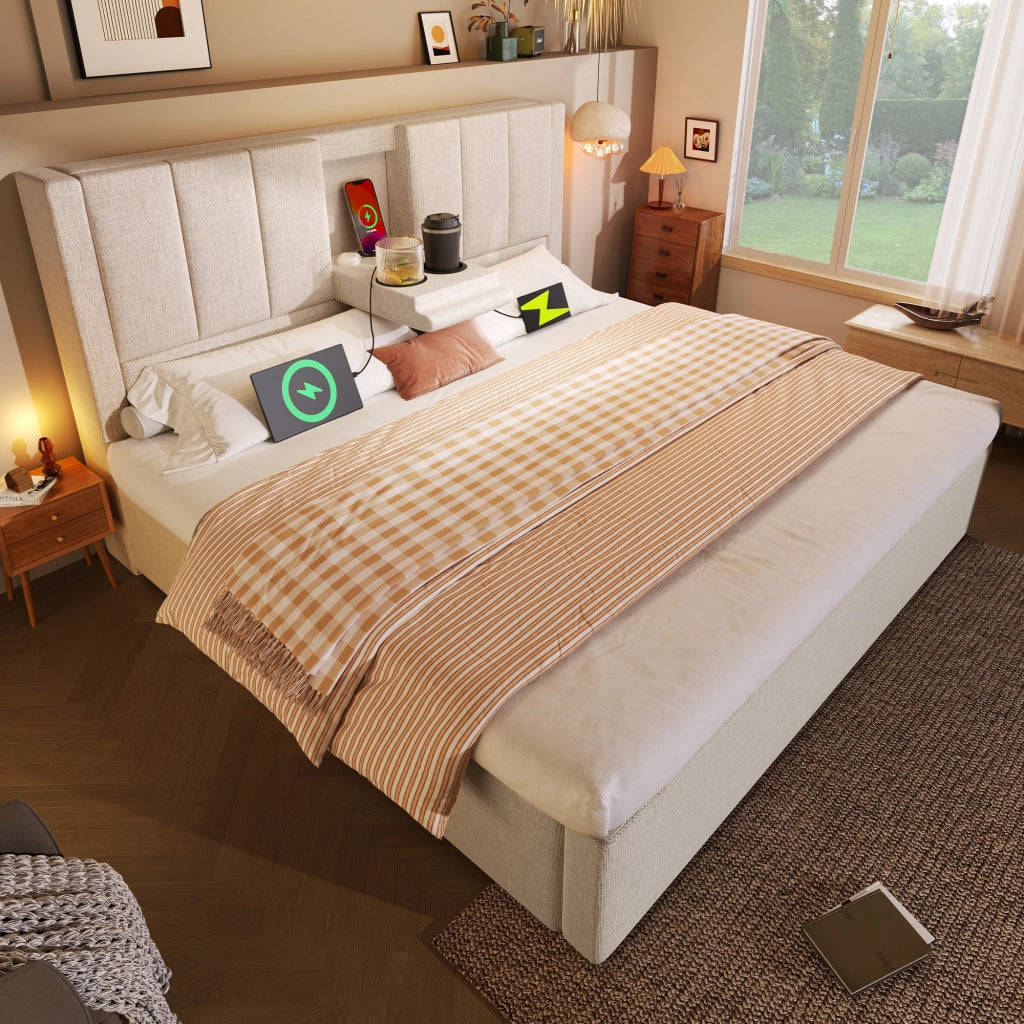 LETTO Contenitore 140x200 cm in lino beige con portabicchieri e USB