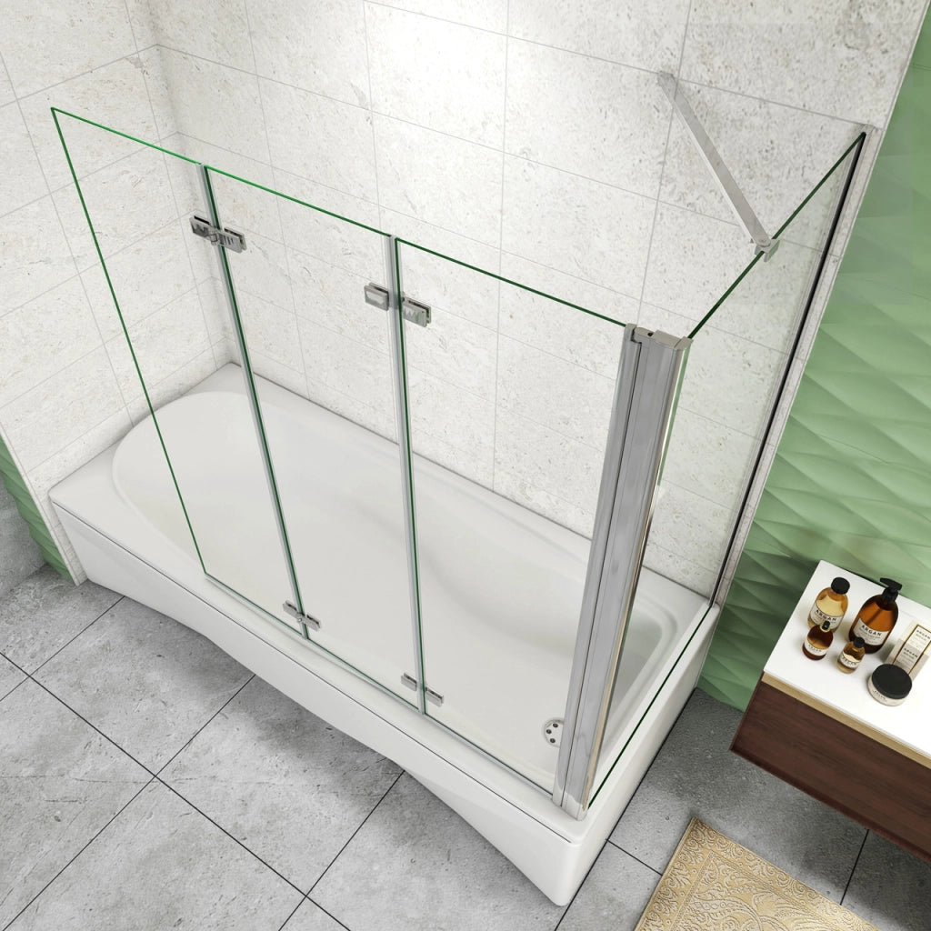 H.140 cm Parete Doccia Per Vasca con Lato Fisso 130x70 cm 3 Ante Movibili Pieghevoli a Libro in Vetro Temperato 6 mm Trasparente Anticalcare Telaio Cromo Lucido