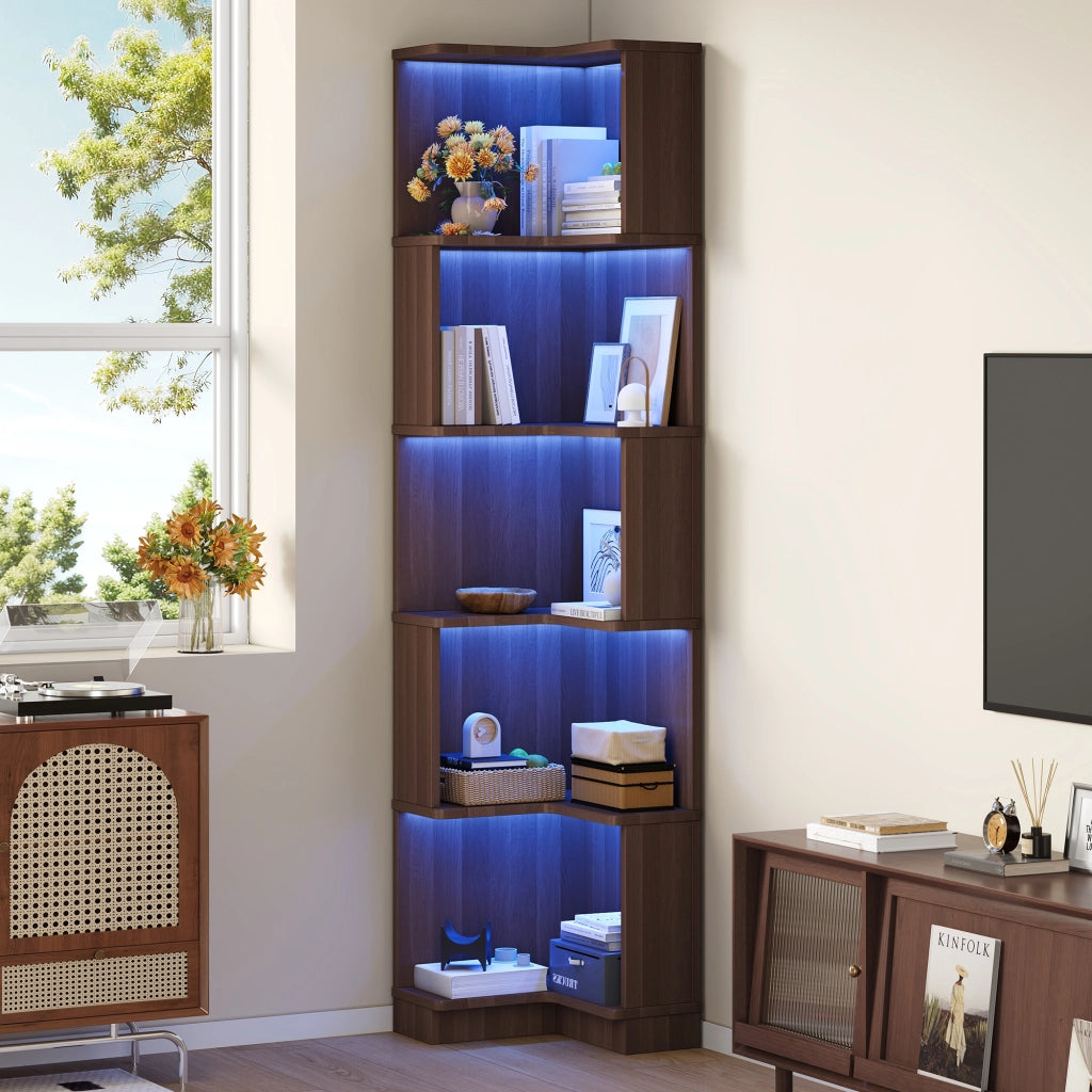 Libreria angolare con 5 ripiani e strisce LED controllate da app in MDF marrone 63,5 × 45 × 175 cm