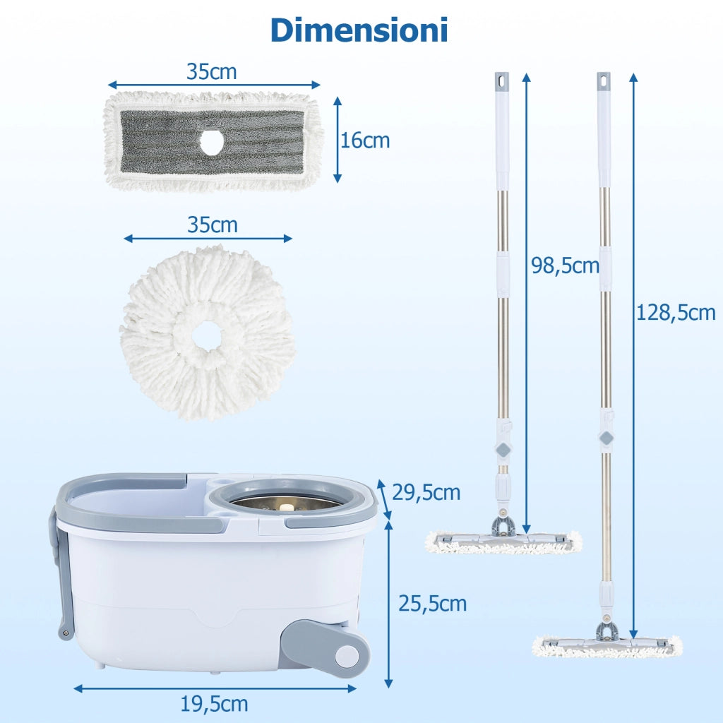Set mocio e secchio con lavaggio senza mani e design a doppio serbatoio, Set mocio e secchio con 7 pezzi di panni rotondi Blu