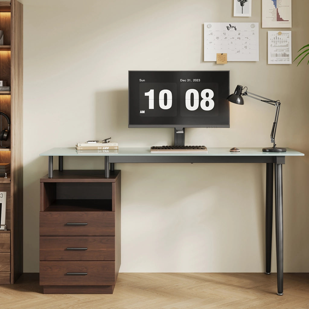 Scrivania con 3 cassetti e vano aperto per studio in vetro e MDF 130×50×75 cm marrone