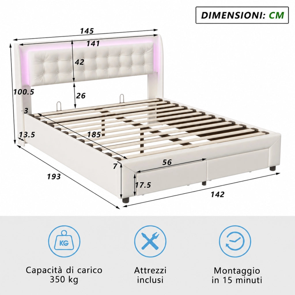 Letto matrimoniale contenitore idraulico 140x190 cm, imbottito velluto beige, testiera LED RGB telecomandata, 2 cassetti, 350kg