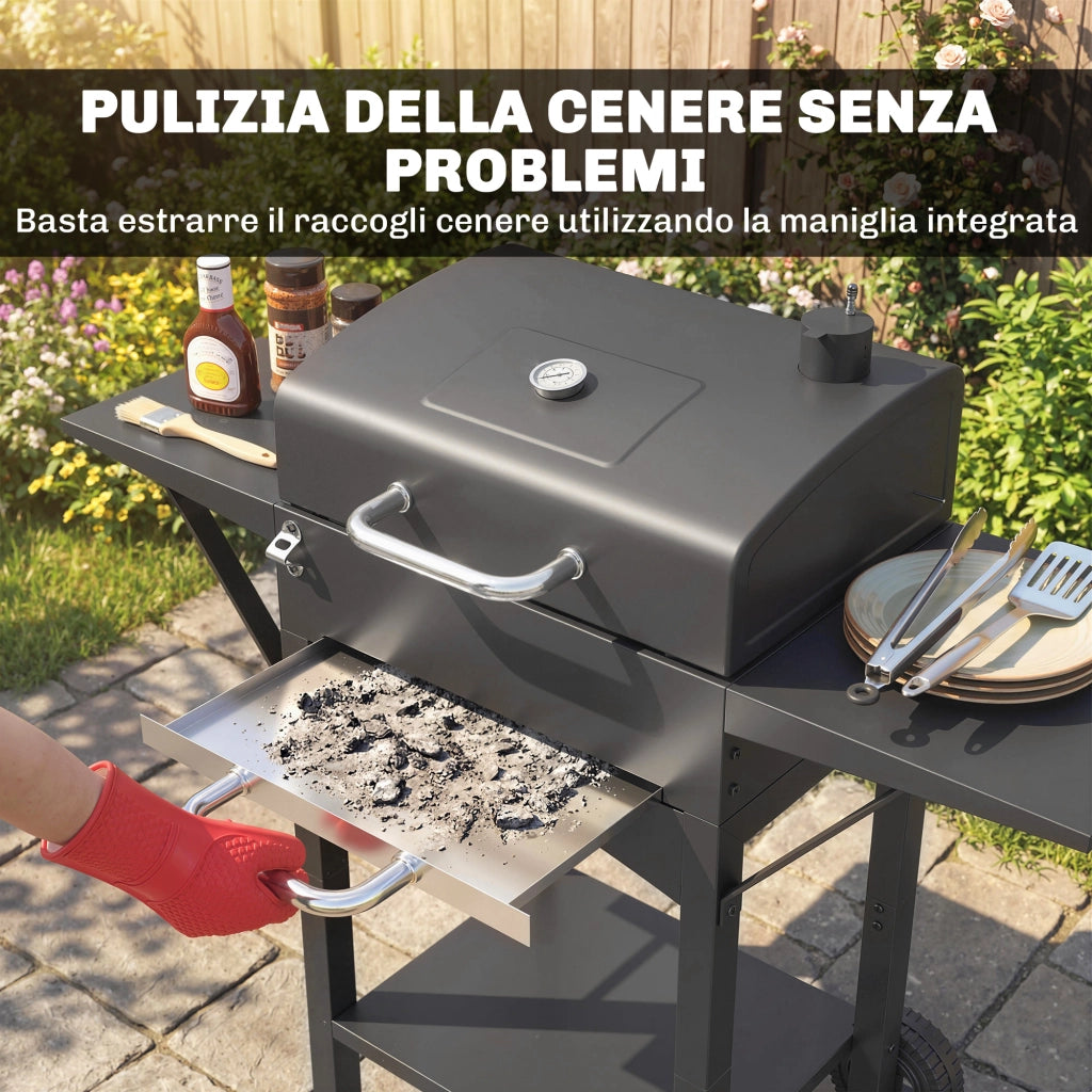 Barbecue a Carbone con Termometro e Ruote - Xylo - Nero, 110x46.5x101 cm