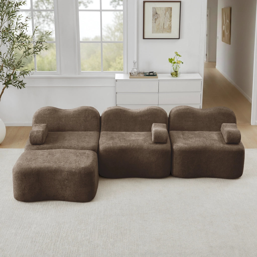 Divano Angolare Modulare 3 Posti con Ottoman ¨C MINIMAL ¨C Tessuto Marrone, Braccioli Mobili