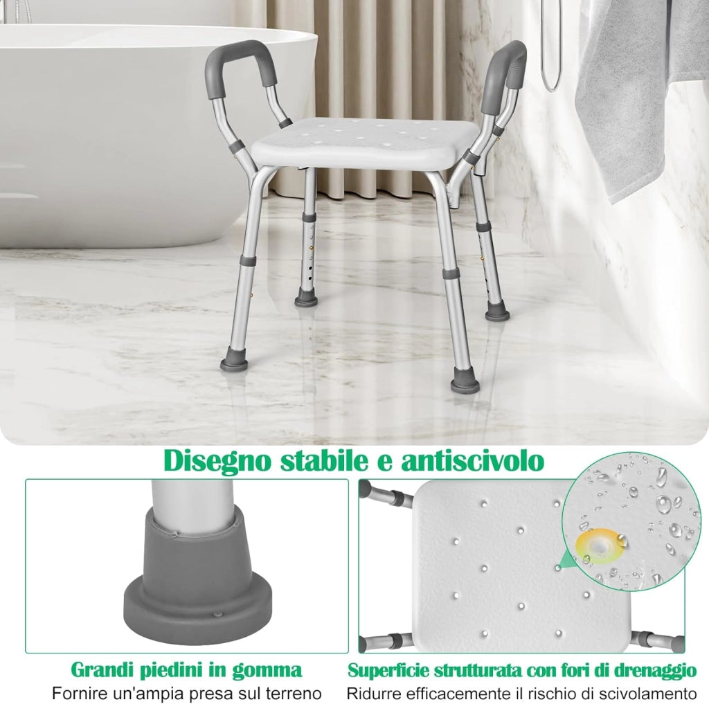 Sgabello Doccia Anziani 59 x 43 x 67cm, Sedia per Doccia Regolabile in 6 Altezze con Braccioli Imbottiti Staccabili e Piedini in Gomma Antiscivolo, Capacità di Peso 100 kg (Grigio)