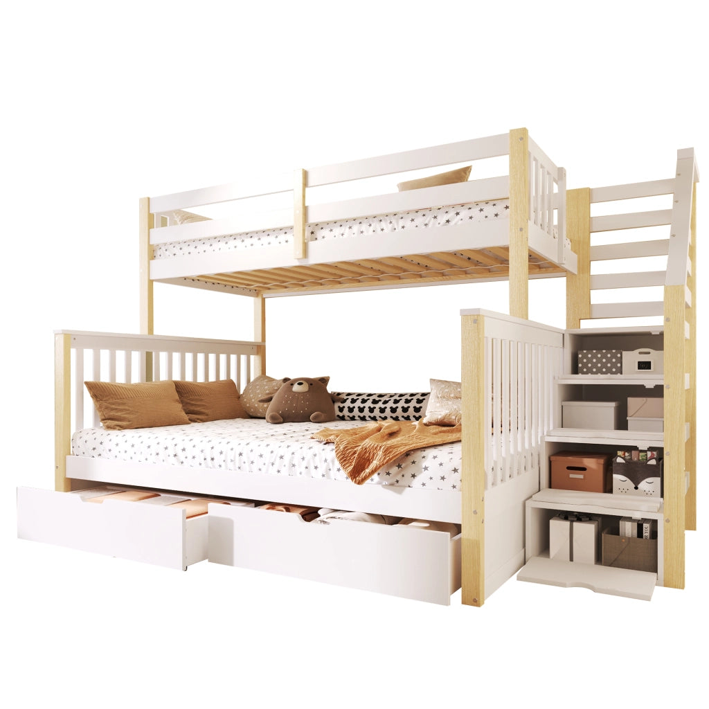 Castello 90x200 sopra 140x200 bianco/naturale cassetti e vano