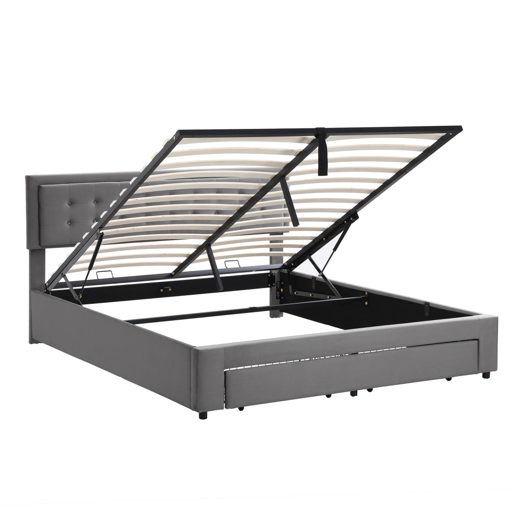 letto con contenitore in velluto grigio 160 x 200 cm