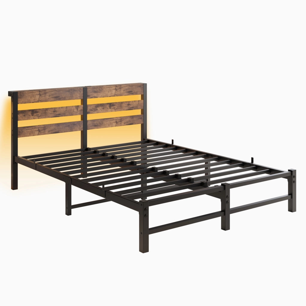 LETTO 140x190 cm in metallo e legno nero/marrone con LED RGB e 2 USB