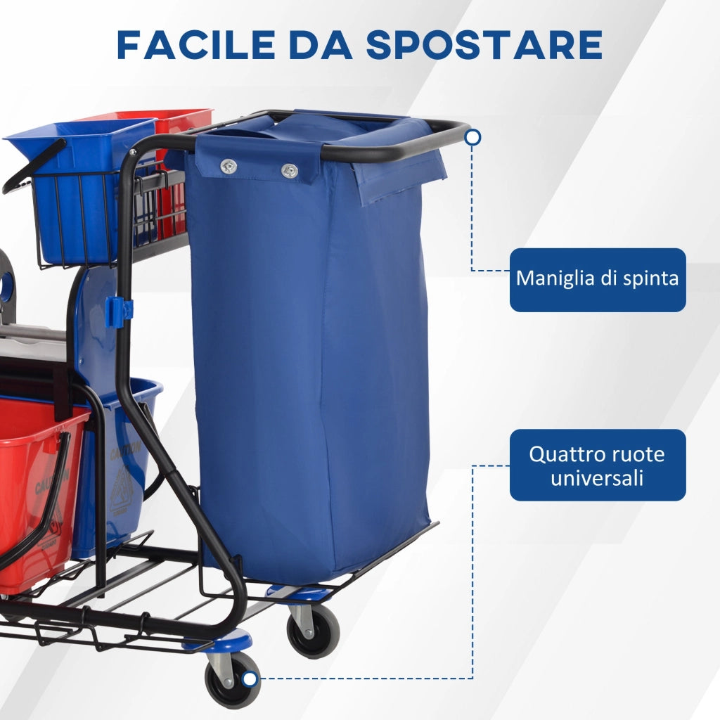 Carrello Pulizie Professionale 4 Secchi Strizzatore e Sacco Rosso Blu e Nero