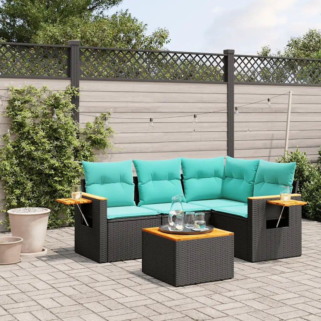 Set Divani da Giardino 5 pz con Cuscini Nero in Polyrattan