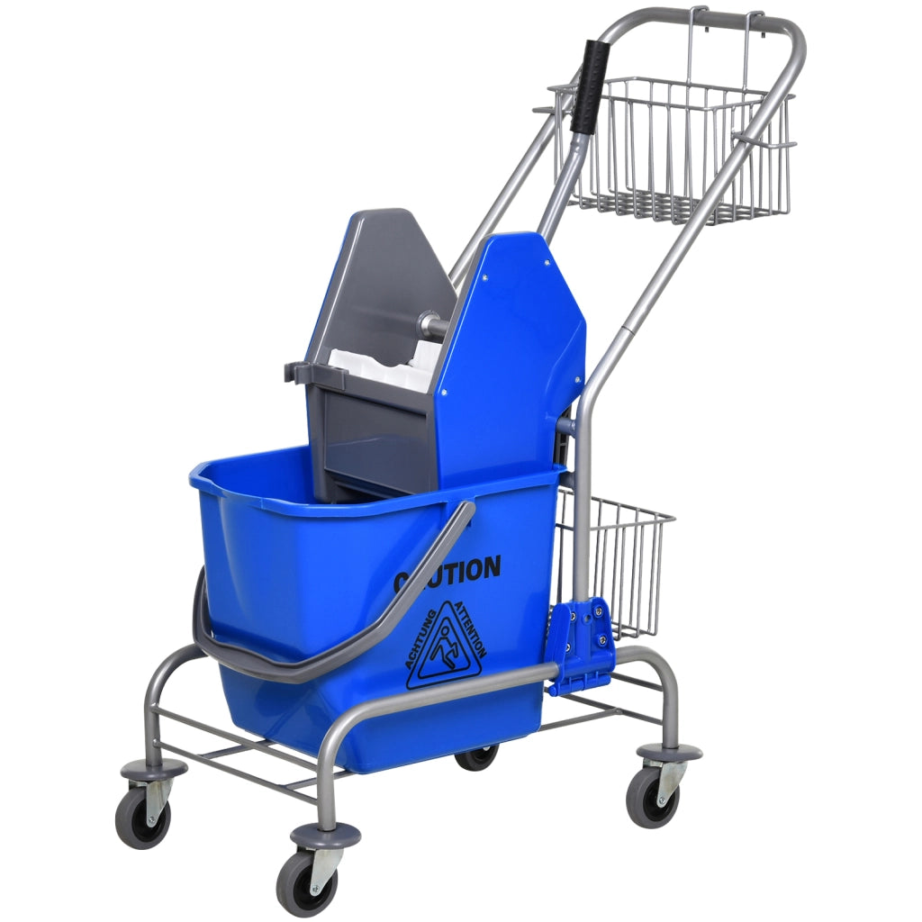 Carrello delle Pulizie Professionale con Secchio da 26L Strizzatore e Cestini a Rete Blu