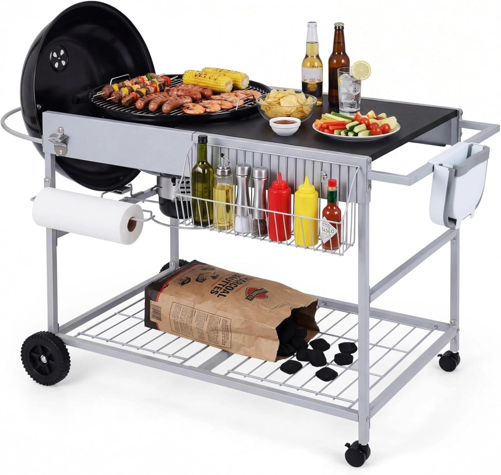 Carrello per Barbecue da Esterno, Tavolo Mobile per Barbecue con Ripiano a Rete, Porta Spezie, Portarotolo e Supporto per Sacchetti, Carrello da Cucina in Acciaio Inox, 141 x 62 x 80 cm