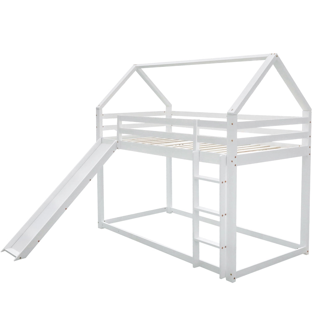 Letto a castello a casetta 90x200 cm con scivolo e scala, bianco