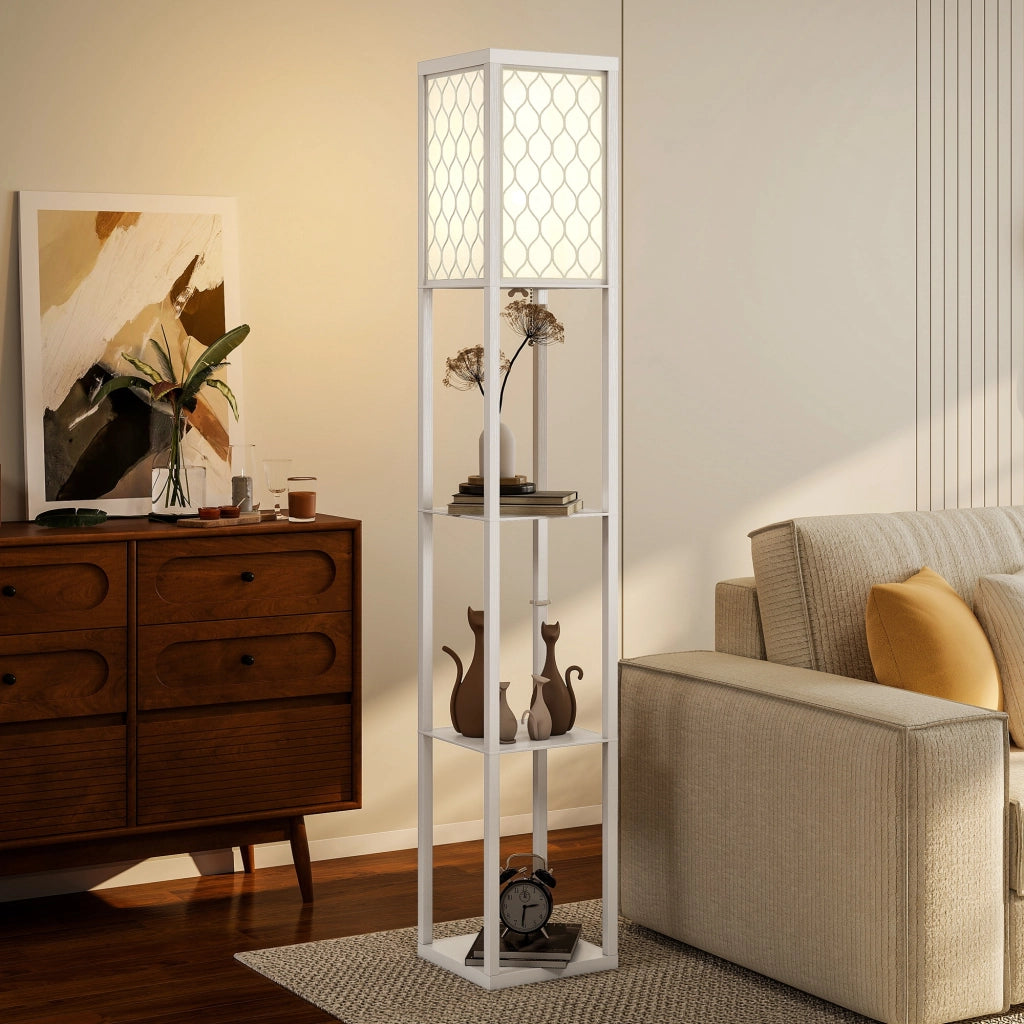 Lampada da Terra con Mensole ¨C Xylo ¨C 3 Ripiani, E27, Bianco, 26x26x160 cm