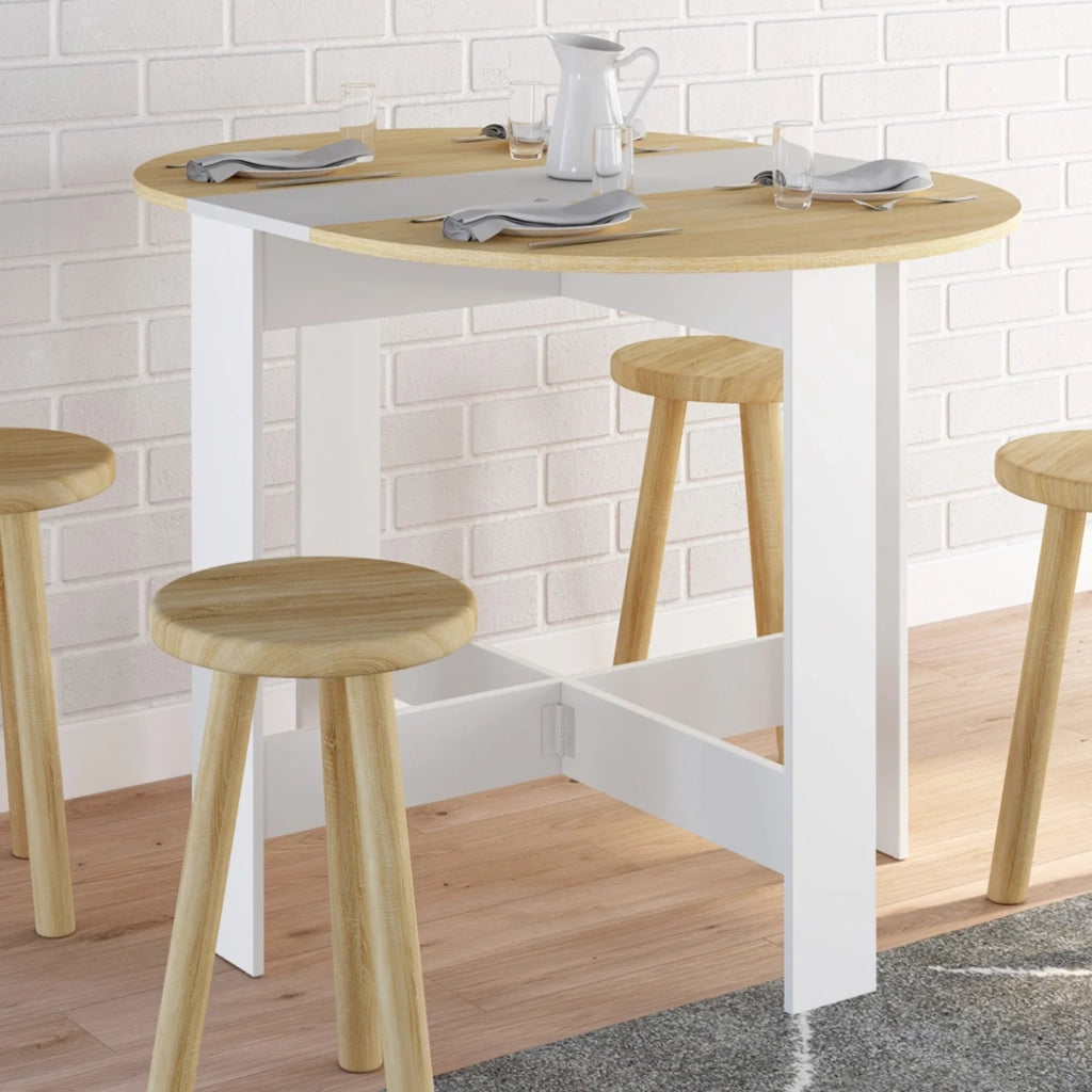 IDMarket - EDI Consolle rotonda pieghevole 2-4 persone in legno bianco con piano in faggio 103 x 76 cm