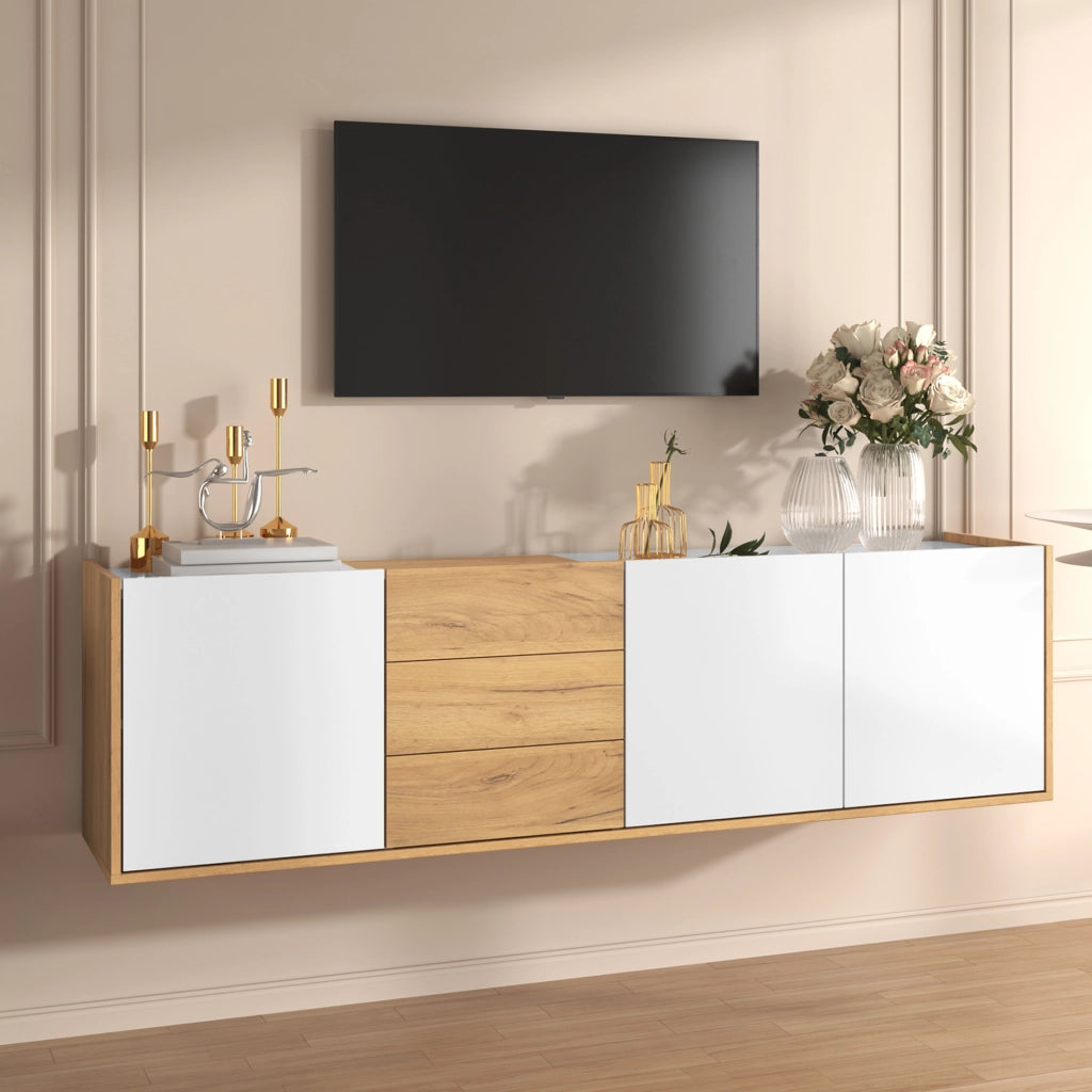 Mobile TV Basso ¨C MINIMAL ¨C Bianco e Legno, da Parete o a Pavimento