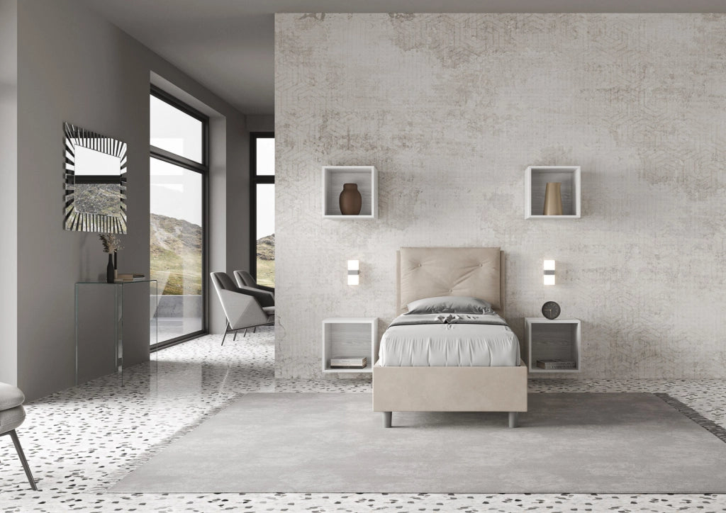 BS COM Letto singolo contenitore imbottito 90x210 microfibra sabbia