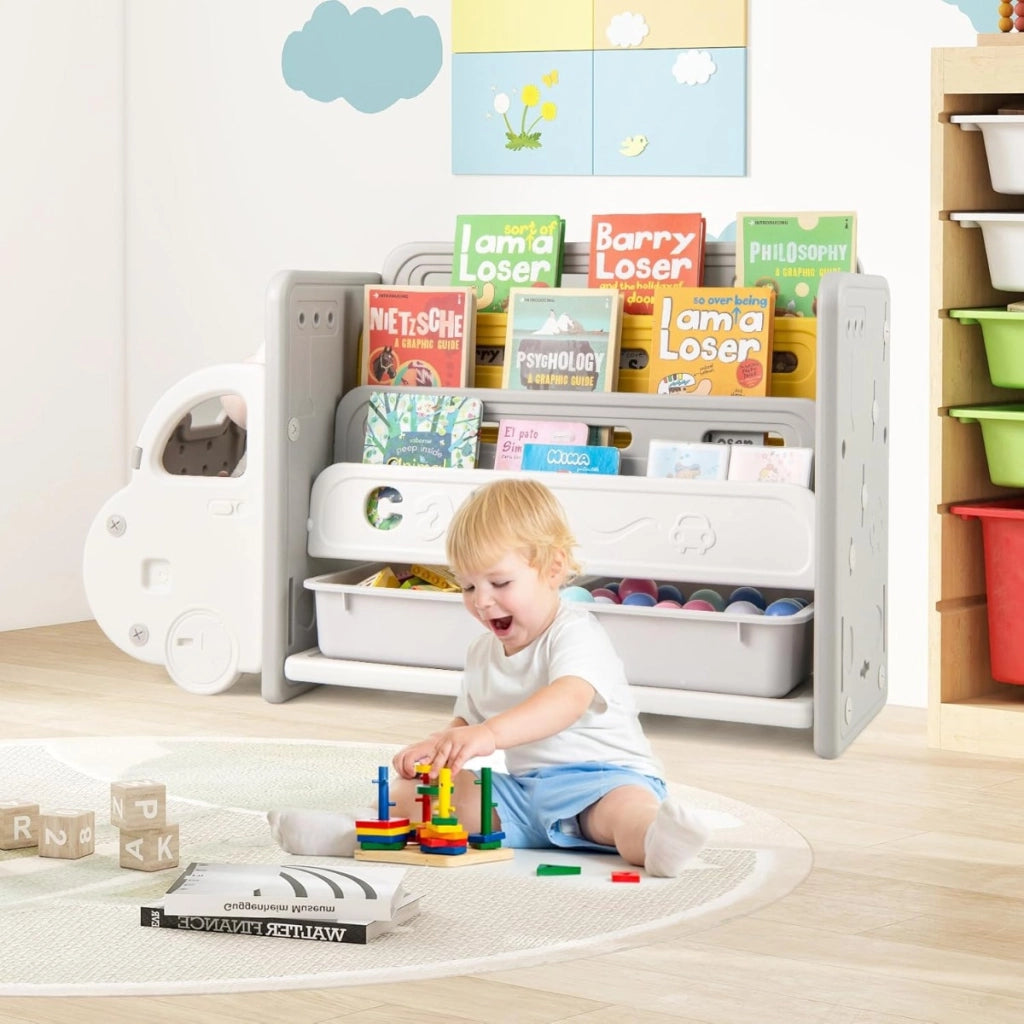 Scaffale per giocattoli e libri per bambini, Libreria a tema auto con 3 ripiani 2 scatole e ruote decorative Beige e Grigio