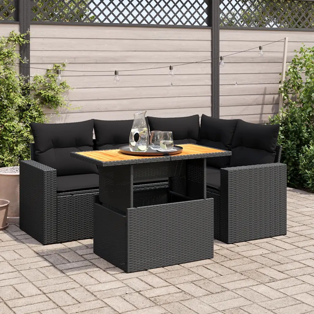 Set Divani da Giardino 5 pz con Cuscini in Polyrattan Nero 3327030