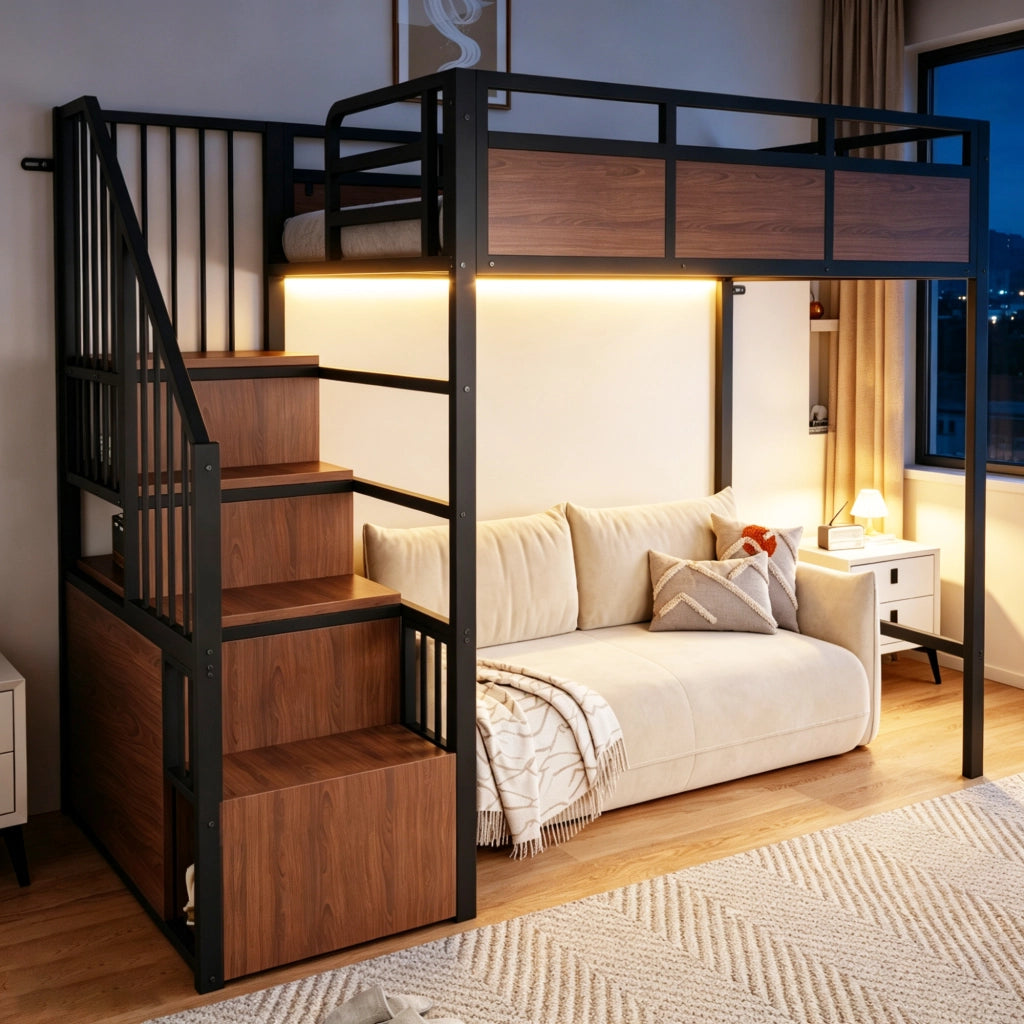 Letto a soppalco 90 × 200 cm con scala contenitore reversibile, led, senza materasso, in metallo e legno, nero