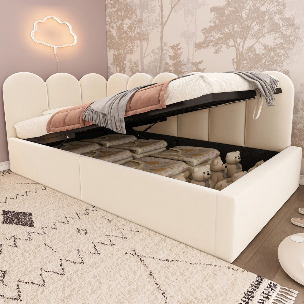 Divano letto 90x200 cm; contenitore idraulico; velluto beige (Senza materasso)