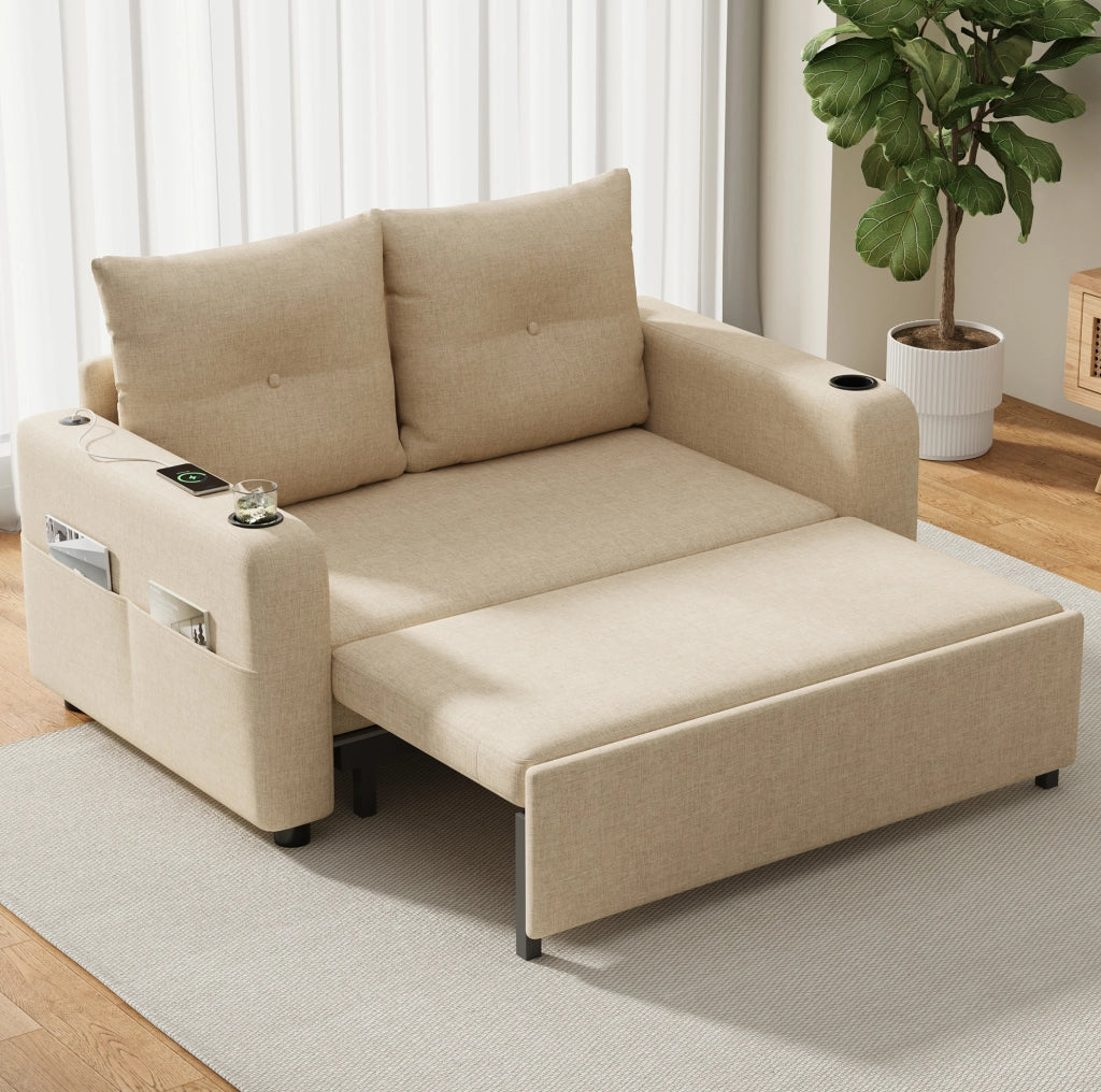 Divano letto 3 in 1 con porta bicchieri; USB e Type-C; 131x81x94 cm; beige