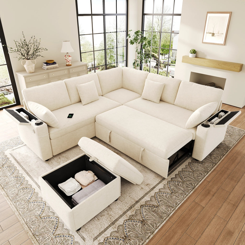 Divano angolare convertibile con pouf contenitore USB Type-C portabicchieri e vani bracciolo in chenille beige