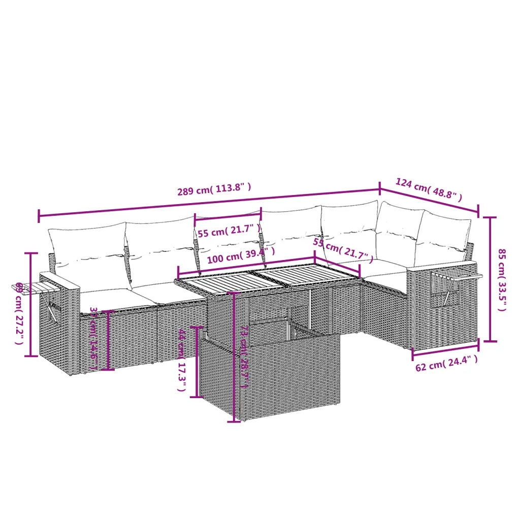 Set Divani da Giardino 7 pz con Cuscini Beige in Polyrattan