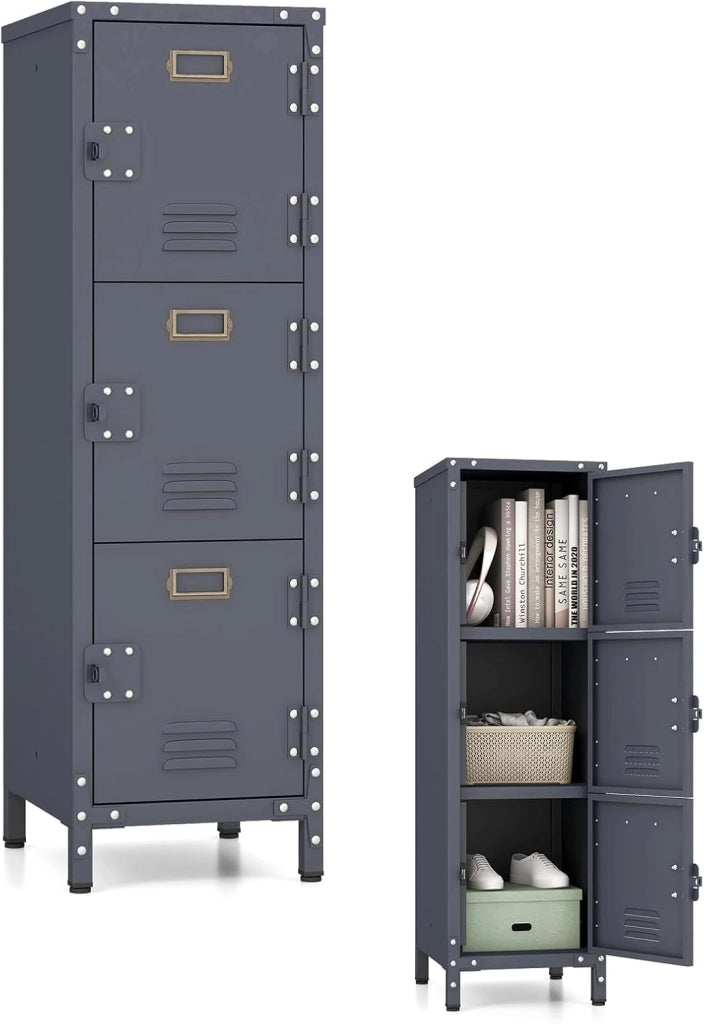 Armadietto portaoggetti in metallo, libreria con 3 ante con serratura, armadio verticale industriale con dispositivo antiribaltamento, organizer per ufficio, 30 x 35 x 100 cm