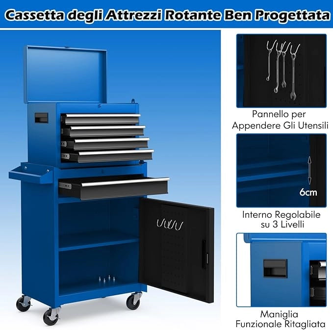 Cassettiera Portautensili a 4 Cassetti, Carrello per Attrezzi con Ruote Bloccabili Ripiano Regolabile e Rivestimento Antiscivolo, 59 x 28 x 102 cm (Blu + Nero)