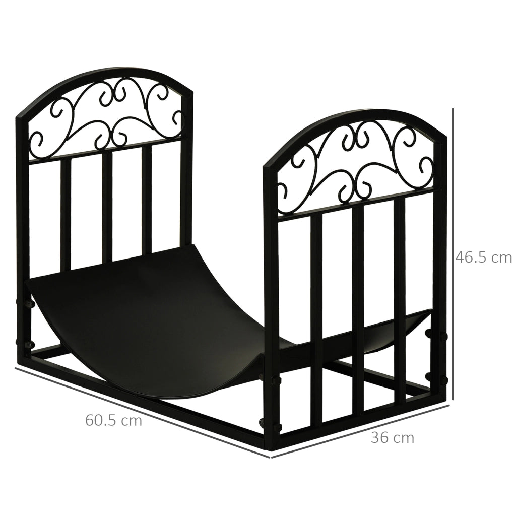 Portalegna da Interno ed Esterno in Metallo con Ripiano Curvo, Fino 60kg di Legna, Nero, 60.5x36x46.5cm