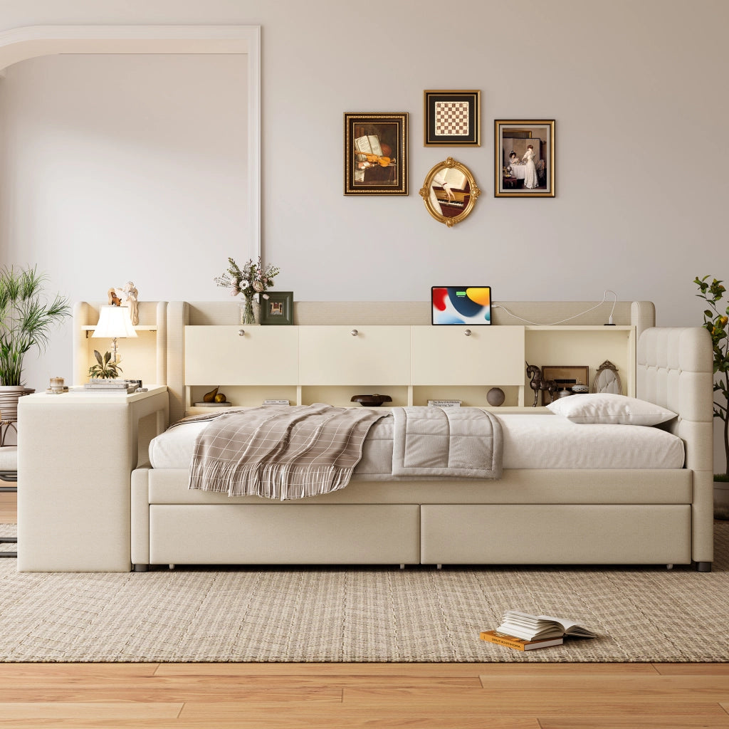 LETTO 90x200 cm in lino beige con 2 cassetti, scrivania, USB e Tipo C