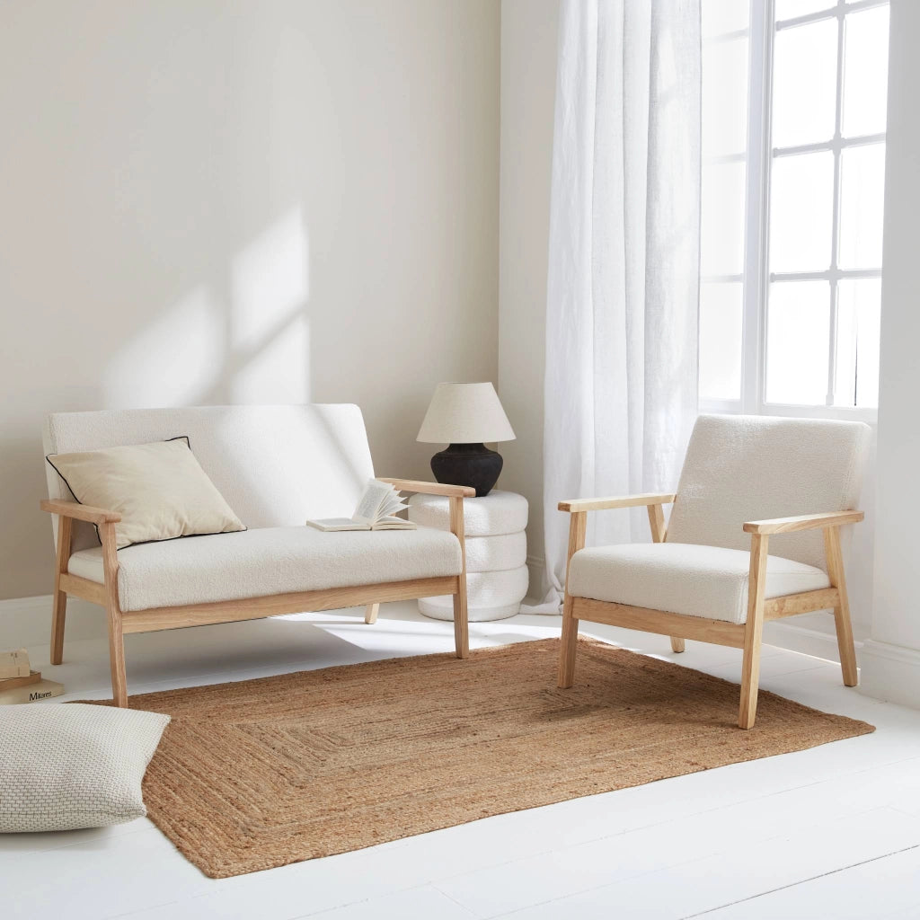 Set panca e poltrona in legno e tessuto, 3 posti, crema