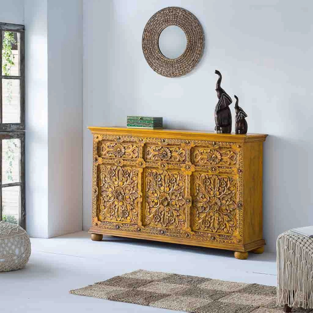 Credenza in legno artigianale gialla 147x45x96