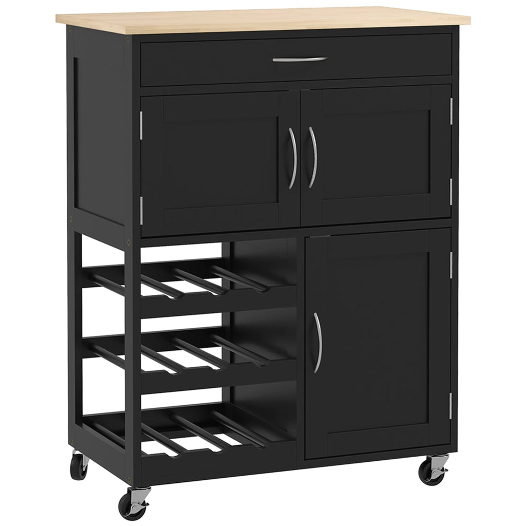 Carrello Portabottiglie da Cucina in Legno con Ante e Cassetto ¨C Zephmum ¨C Nero e Rovere 67x37x87 cm