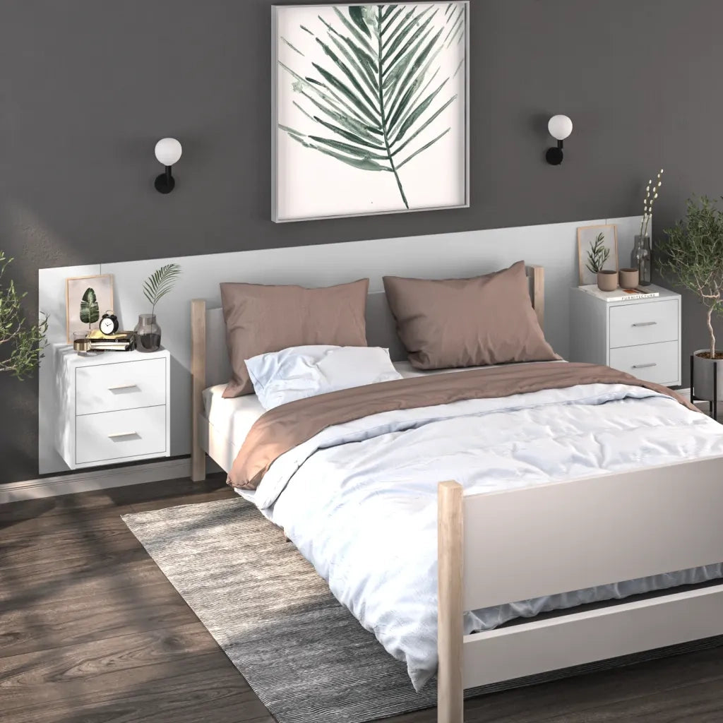 Set di 2 Comodini | Armadio da Notte | Mobiletto da notte a Parete Bianchi