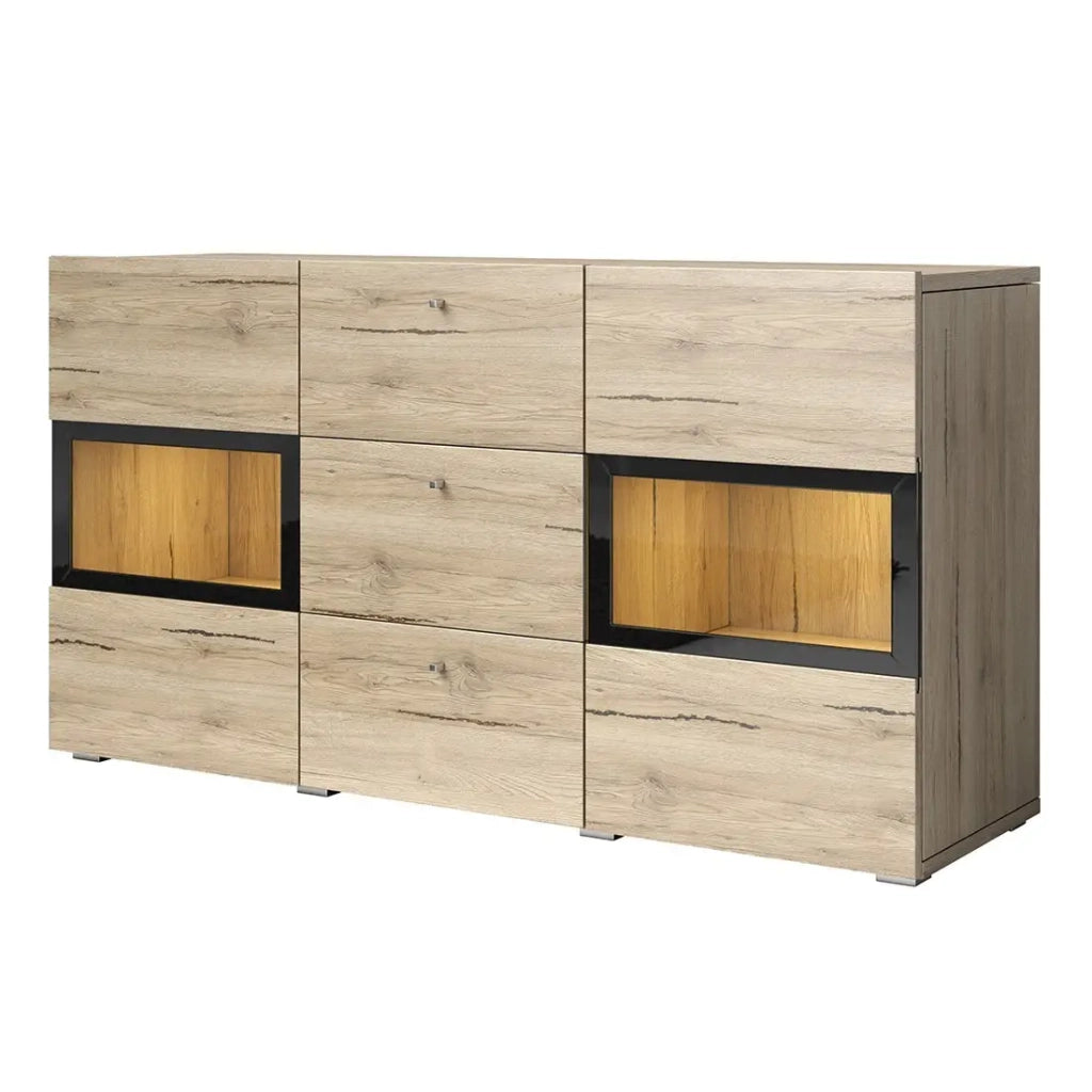 Buffet RAMOS – 2 porte in vetro + 3 cassetti – Color quercia e nero – Design contemporaneo – LED non inclusa