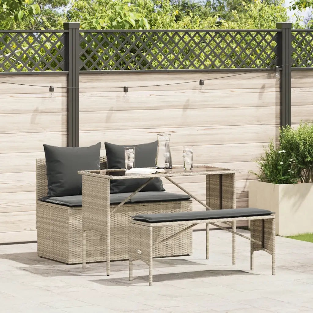 Set Pranzo da Giardino 3pz | Set Salotto da Giardino con Cuscini Grigio Chiaro Polyrattan