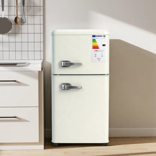 Frigorifero a doppia porta (86L) – controllo della temperatura a 7 livelli; classe di efficienza energetica E; luce a LED; ripiani regolabili e portauova – crema