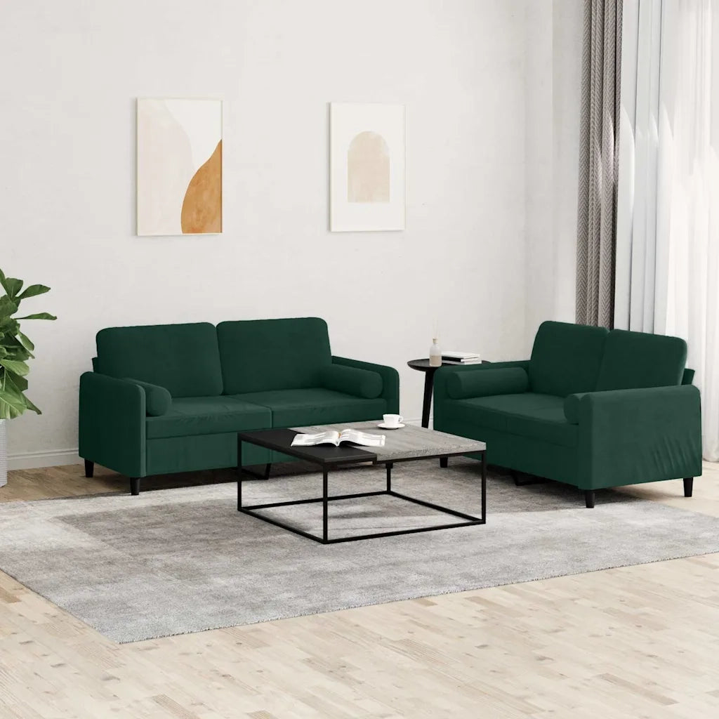Set di Divani 2 pz con Cuscini Verde Scuro in Velluto