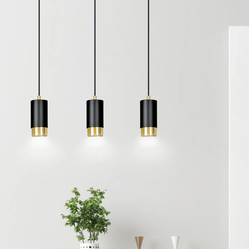 Lampadario 3 Luci Ivar Con Cilindri In Acciaio Nero E Oro
