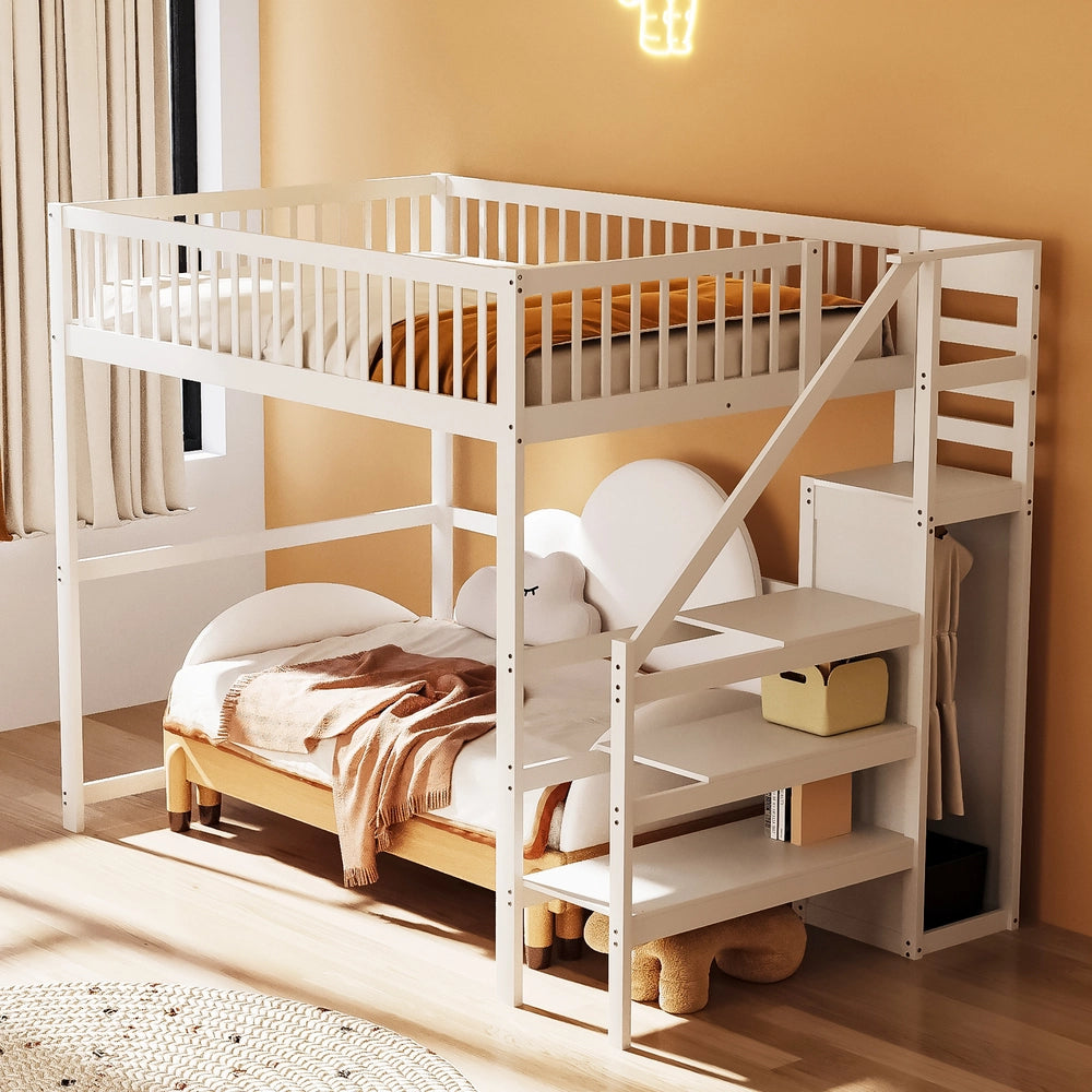 Letto a Soppalco con Scala e Armadio ¨C MINIMAL ¨C Legno Bianco 140x200
