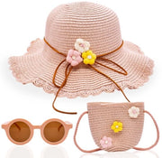 Set di Cappelli di Paglia per Bambine - Cappello di Estate Rosa con Accessori - 3 pezzi
