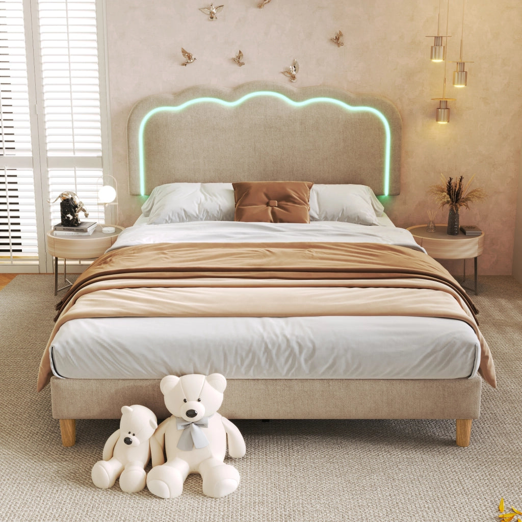 Letto matrimoniale LED – 140x200 cm – testiera regolabile rete – lino beige