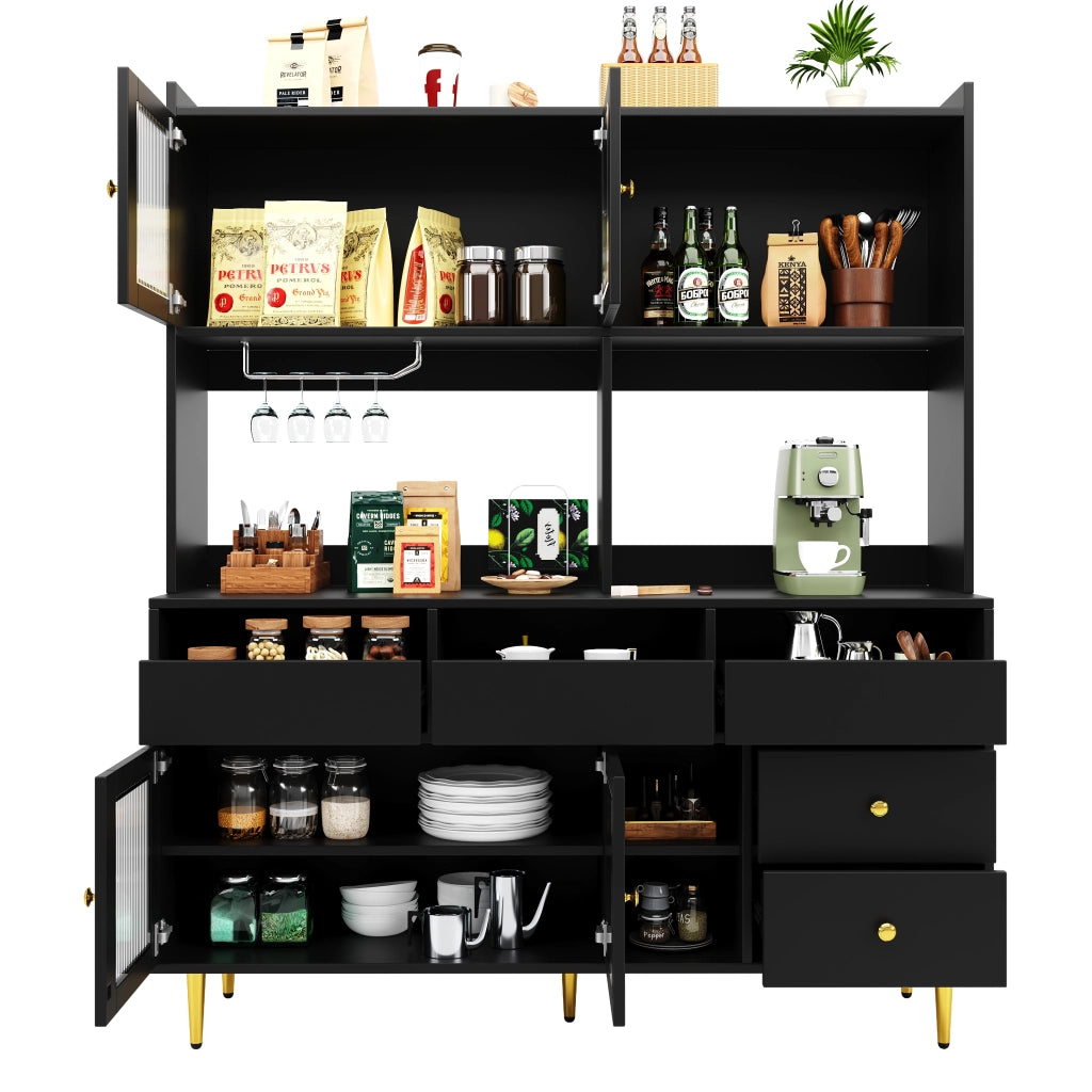Mobile Alto da Pranzo ¨C Xylo ¨C Nero con Decoro Oro, Ante in Vetro, Porta Calici, 145x39x171