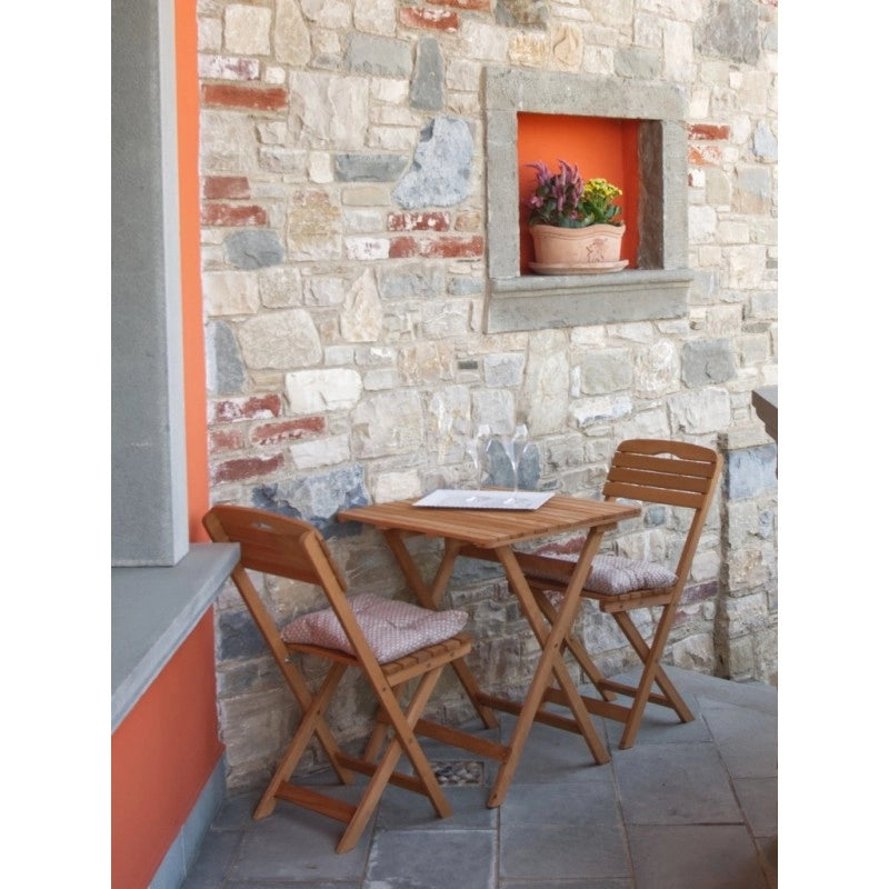 Set tavolo e sedie pieghevoli da giardino in legno con cuscini, tavolino 60x60 cm salvaspazio per balcone e terrazzo - Esterni da Vivere