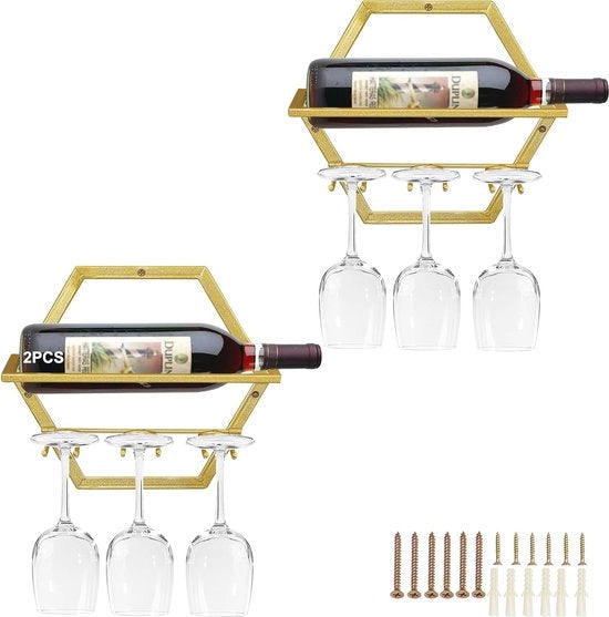 Display per Vino a Parete e Supporto per Bicchieri in Metallo (Gold)